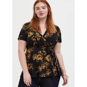 Torrid Black & Yellow Floral Crepe Peplum Wrap Top
